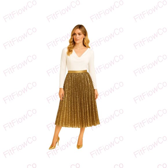 ⭐ Polo Ralph Lauren Gold Sequin Pleated Midi Skirt Women’s S  Holiday Party Glam - Picture 1 of 5